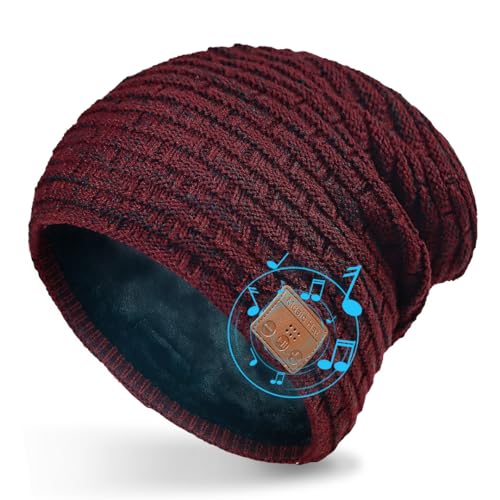COTOP Mütze Bluetooth Herren, Winter Beanie mit Kopfhörer, Warme Fleece Strickmütze für Ski, Laufen, HD-Musik Hut, Geschenk Männer Damen in Weihnachten (Dunkelrot)