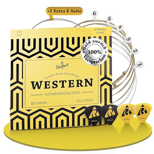 BELFORT® Gitarrensaiten für Westerngitarre - Premium Phosphor-Bronze (7 Saiten-Set) für Western-Gitarre & Akustikgitarre BONUS: 4 Plektren + Extra hohe E-Saite (Gitarrensaiten Akustikgitarre)