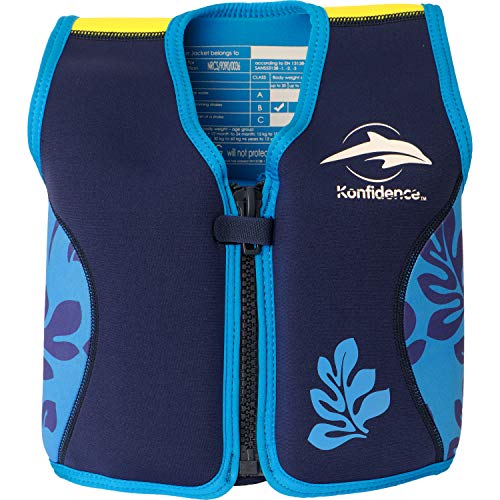 Konfidence Jacket – Unsere Original Premium Schwimmweste/Schwimmjacke für Kinder bis 7 Jahre, Schwimmhilfe für Kinder und Jugendliche mit abnehmbaren Schwimmern (Blaue Palme, S)
