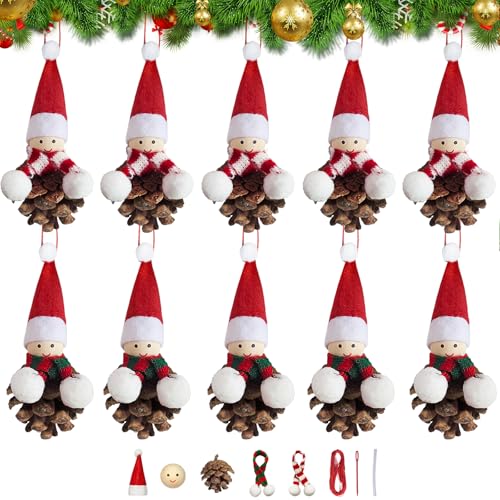 DONQL DIY Weihnachtswichtel Anhänger Tannenzapfen, 10 Set Wichtel Weihnachten Basteln mit Tannenzapfen, Bastelset Erwachsene für Baumschmuck Weihnachten, Bastelset Weihnachten für Zapfen Baumschmuck