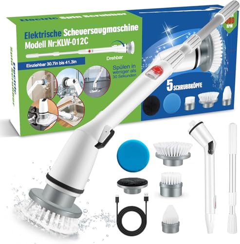 Elektrische Reinigungsbürste, 360°Reinigungsbürste mit 5 Bürstenköpfen, 1 Verlängerungsarm und 1 Adapter, Elektrische Reinigungsbürste Haushalt für Bad und Küche