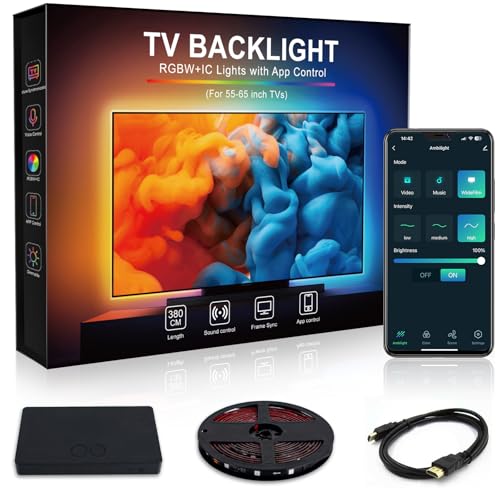 VKH TV Hintergrundbeleuchtung mit HDMI Sync Box, 3,8M RGB-IC WiFi TV LED Strip für 55-65 Zoll Fernseher und PC, Upgrade TV LED Hintergrundbeleuchtung mit App Steuerung & Sprachsteuerung