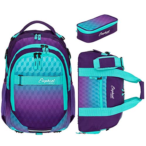 Elephant 3 Teile Set Schulrucksack Hero Signature Rucksack + Sporttasche + Mäppchen 12609 (Violet Cube (Lila-Türkis))