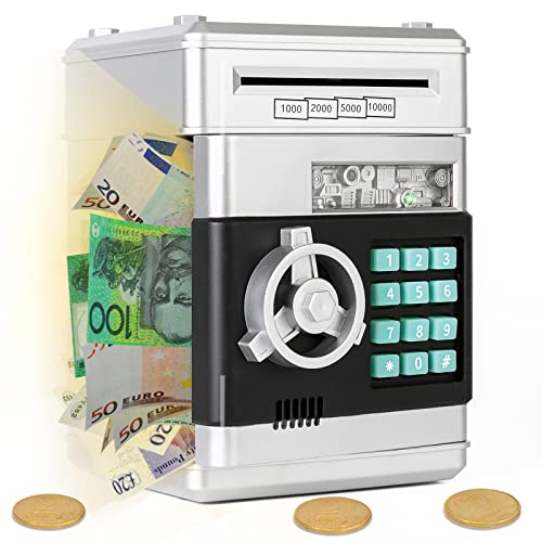 Ltteaoy Elektronische Spardose Tresor Münze Geld Safe Kinder ATM Geldmünzbanken mit Passwortschutz, Automatische Papiergeldrolle, Geburtstag Geschenke für 3-12 Jahren Mädchen Junge (Silber)