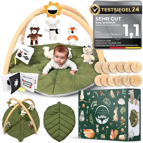 Spielbogen Baby - Premium Baby Spieldecke mit Bogen blattförmig mit 6 sensorischen Spielzeugen inkl. Meilensteinkarten Baby - Spielmatte Baby, Krabbelmatte, extra dicke Krabbeldecke