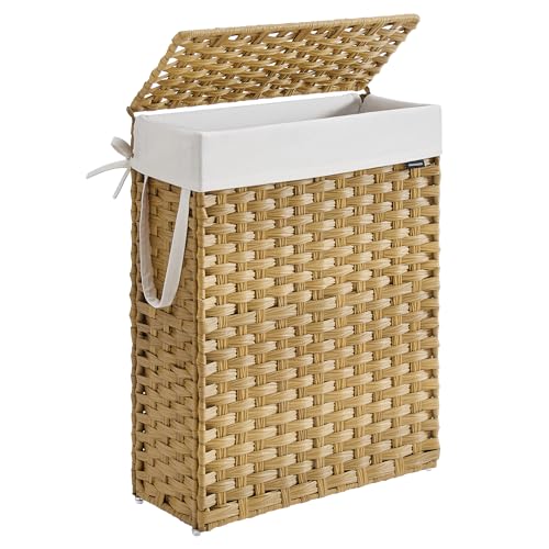 SONGMICS Wäschekorb schmal, Wäschesammler 55 L, Wäschebox aus synthetischem Rattan, mit Deckel und Griffen, geflochten, faltbar, herausnehmbarer Wäschesack, Waschraum pastellgelb LCB164N01