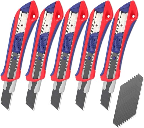 WORKPRO 5 Stück Cuttermesser Set 18mm mit 20 Ersatzklingen aus SK5, Profi Cuttermesser Abbrechklinge Kartonmesser, Mehrzweck Messer Allzweckmesser mit Gummigriff, Schneiden zum Papier, Karton