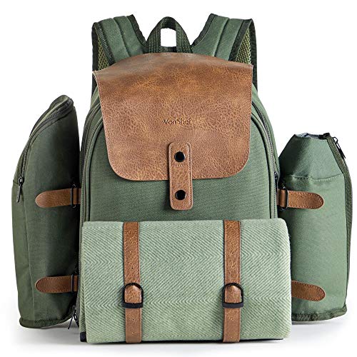 VonShef 4 Personen Abenteuerrucksack - Grüne Khaki Picknick Tasche - ESS-Set für 4 mit Wasserdichter Decke, Bestecksets, Weingläsern aus Kunststoff, Salz- & Pfefferstreuer