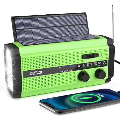 5000mAh Solar Radio, Tragbar Kurbelradio AM/FM Notfallradio mit 5000mAh Wiederaufladbar Powerbank, LED Taschenlampe & Leseleuchte SOS Alarm für Camping Ourdoor