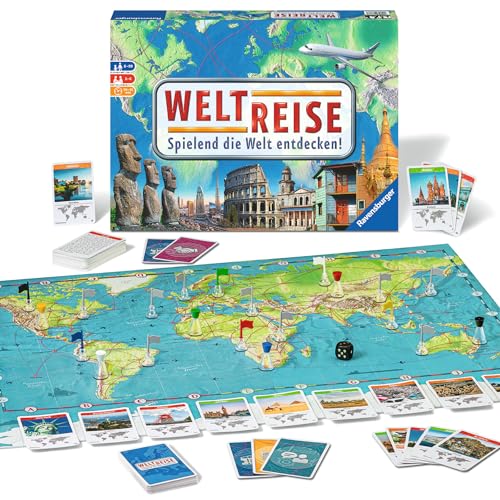 Ravensburger Familienspiel 26888 - Weltreise - Familienklassiker ab 8 Jahren - Gesellschaftsspiel, Reise einmal um die Welt, Brettspiel für bis zu 6 Spieler - über 170 Städte