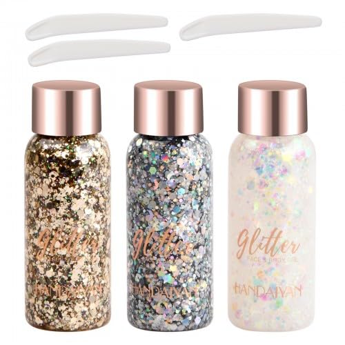 Dokeno 3 Bottle Gesicht Körper Glitter Set, Body Face Sequins Gel Körpergel Festival Glitter Kosmetisches für Kosmetik Gesicht Haare Nagel Party Make Up Dekoration (Gold, Silber und Weiß)