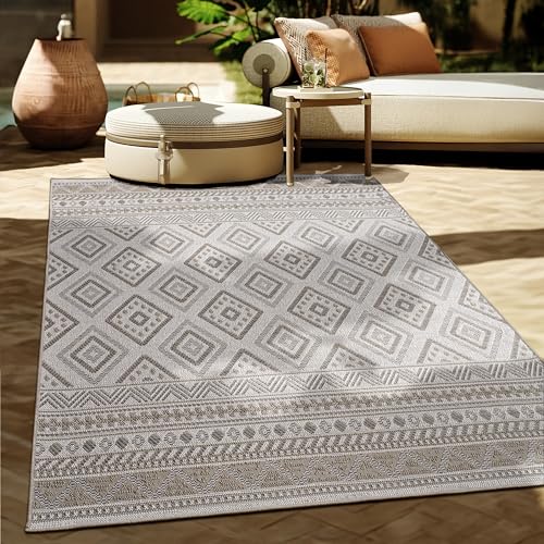 Paco Home Outdoor Teppich Flachgewebe Modern Boho-Style wetterfest & UV-beständig Ideal für Terrasse Balkon Wohnzimmer & Küche, Grösse:200x280 cm, Farbe:Beige 2