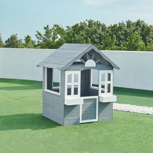 casa.pro Kinderspielhaus Outdoor Vesa Holzhaus Gartenspielhaus aus Tannenholz 138 x 120 x 102 cm mit Tür, Fenstern und Tafel Grau