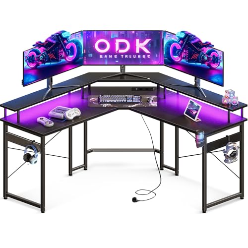 ODK Gaming Schreibtisch mit LED, Gaming Tisch mit 2 Steckdosen und 2 USB Ladeanschluss, Eckschreibtisch mit großzügiger Monitorablage, Schwarz