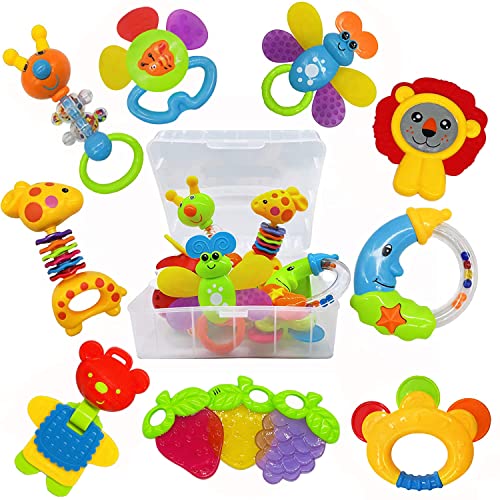 AIVIAI Baby Rassel Beißring Set Baby Spielzeug 6 Monate Babyspielzeug ab 3 6 9 12 Monaten Shaker Greifen Rassel Neugeborenes Spielzeug Musikalische Rasseln für Babys und Kleinkinder Geschenke（11 PCS）