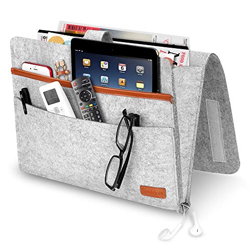 SIMBOOM Bett Organizer, Filz Betttasche Anti-Rutsch Nachttisch Tasche Sofa-Bett Hängeaufbewahrung für Buch, Zeitschriften, iPad, Handy, Fernbedienung -Hellgrau