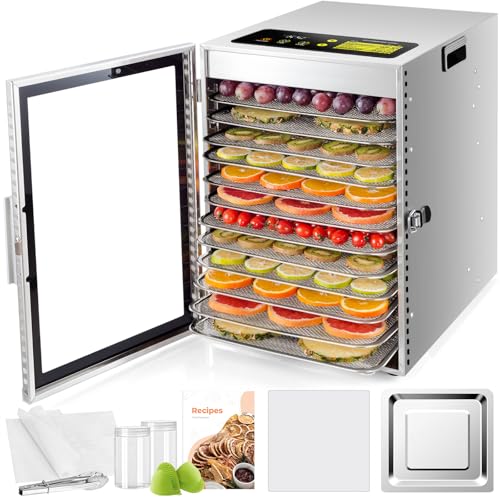 Kwasyo Dörrautomat Edelstahl, Doppelventilator 360 ° Effizientes Dry, Dörrgerät 12 Etagen, 20-90℃ Temperaturregelung, 24 Stunden Timer, Überhitzungsschutz, Rezeptheft für Fleisch Obst Gemüse Kräuter