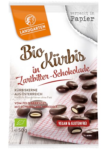 Landgarten Bio Kürbiskerne in Zartbitterschokolade – Veganer Schoko-Snack mit gerösteten Kürbiskernen – Magnesiumquelle – 1 x 50 g