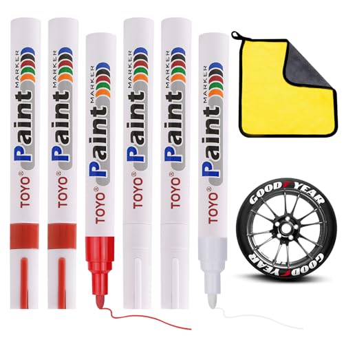 WOKICOR Auto Reifenmarkierungsstift, 6 Stück Reifenstift Lackstift Weiß Wasserfest Permanent Marker mit Autowaschtuch Reifenstift Reifenmarker für Auto Motorrad Reifen, Autoreifen