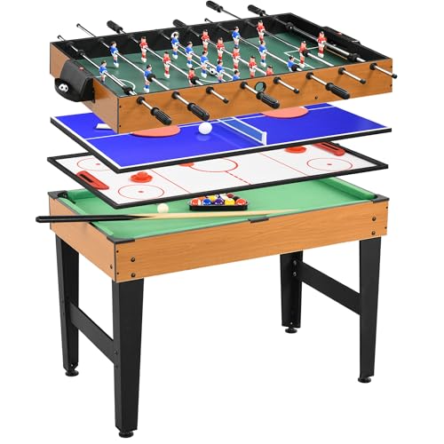 HOMCOM 4 in 1 Multigame Spieletisch, Partyspieltisch mit Tischtennis, Kicker, Billard, Tischhockey, für Multiplayer-Spaß, Stahl, Naturholz+Schwarz