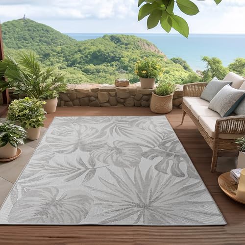 HomebyHome Outdoor Teppich Grau 240x340 cm, Wetterfest & UV-beständig, ideal für Küche, Balkon, Terrasse, Garten auch Wohnzimmer und Esszimmer, Palmblätter-Design, Leicht zu Reinigen