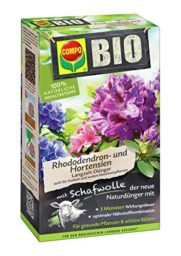 COMPO BIO Rhododendron- und Hortensiendünger, Pflanzen-Dünger für alle Rhododendren und andere Moorbeetpflanzen, 5 Monate Langzeitwirkung, 2 kg