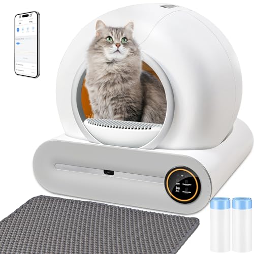 XQDKoon Katzenklo Selbstreinigend, 65L Selbstreinigende Katzentoilette mit 2 Rollen Müllsäcken und Katzenstreumatten, APP Steuerung, Überwachung der Gesundheit für Mehrere Katzen(A)