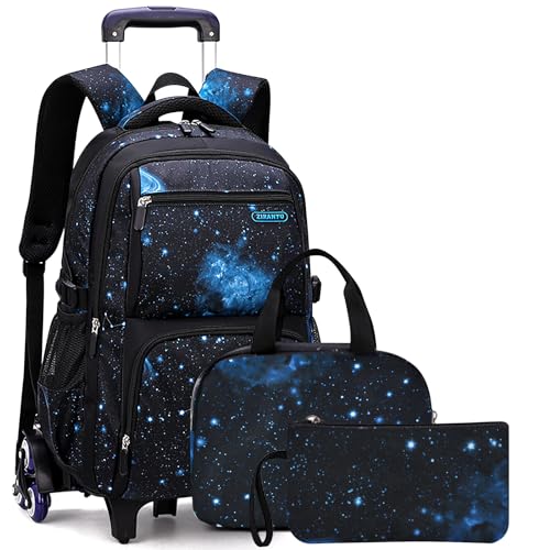 Voici et Voila 3PCS Schulrucksack Trolley Jungen Schulranzen mit Rollen Kinder Wanderrucksack Schultasche mit Rollen Kinder Koffer Rucksack mit Rollen Mädchen Teens Galaxy Dunkelblau 30x23x46cm