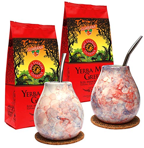 Mate Green Yerba Set for Two 400 g of Mate Tea, Beautiful Ceramic Cup Caleidoscope 350 ml | Mate Tee mit Guarana | Coffee Alternative | 500 g