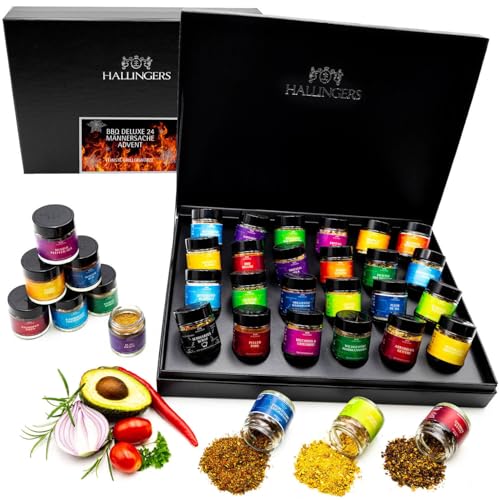 Hallingers BBQ Deluxe 24 Männersache - Gewürz Geschenkset handmade, 24 BBQ-Gewürze aus aller Welt (Set) - Muttertagsgeschenk & Geschenkideen zum Vatertag | Neues Zuhause Glückwünsche Freundschaft Gene