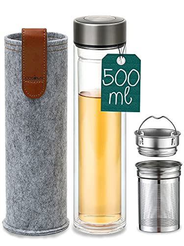 Teeflasche mit Sieb to go - Auslaufsicher - Doppelwandig - 500 ml Glas Trinkflasche inkl. Filztasche