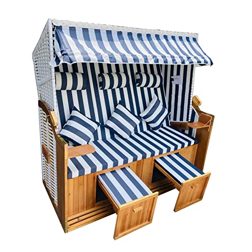 SVITA Sylt Strandkorb XXL Strandstuhl Sonnenkorb Polyrattan Holz Braun/Weiß/Blau