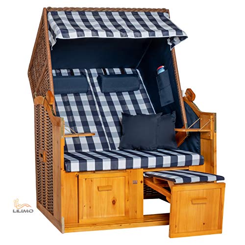 LILIMO Strandkorb Ostsee | Variante B in Blau kariert | Geflecht Natur | Inkl. Schutzhülle | 2-Sitzer Ideal für Garten Terrasse und Balkon