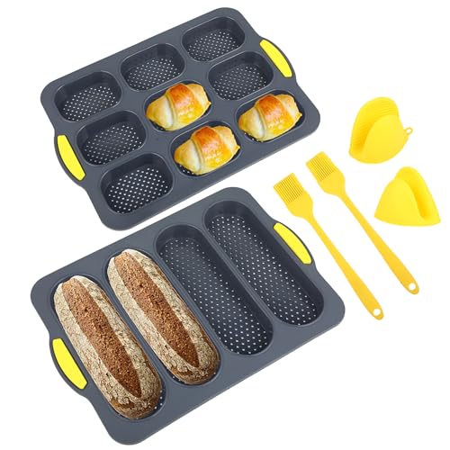 6 Stück Baguette-backblech - Silikon Brötchen Backform - Brot Backen Mit 2 Isolationshandclips und Öl Pinsel - Baguette Backform für das Backen von Baguette, Brot und Brötchen (Grau)