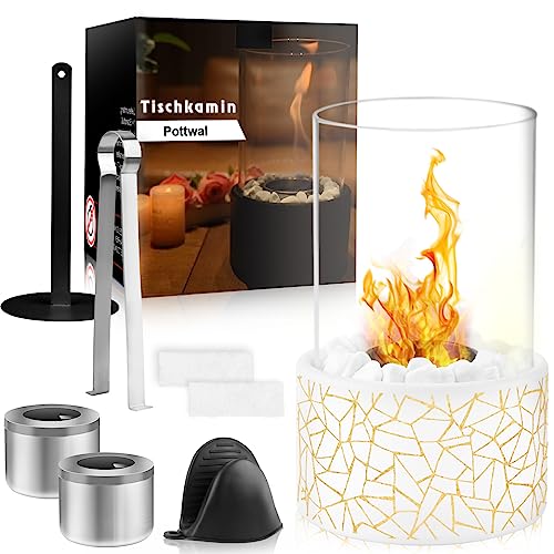 Tischkamin - Tischfeuer für Outdoor & Indoor - Unendliche Brenndauer - Bio Ethanol Kamin - Bioethanol Tischkamin mit 2 Brennkammern und Sicherheitsglas-weiß