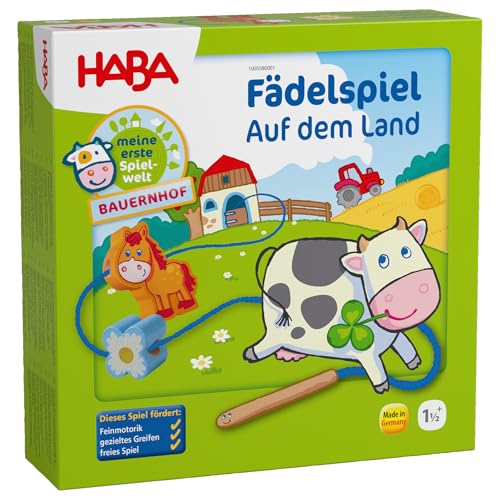HABA 5580 - Meine erste Spielwelt Bauernhof Fädelspiel auf dem Land, liebevoll gestaltetes Lernspiel und Motorikspielzeug ab 18 Monaten, Holzspielzeug mit Bauernhofmotiven