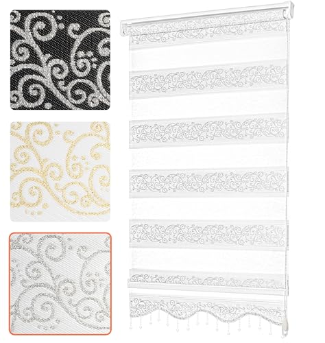 Bailena Doppelrollo ohne Bohren 4in1 Klemmfix Duo Rollos mit Muster Ranken Blumen Motiv mit Perlen Gardinen mit Volant Weiß Silber Glitzernd 100x200cm