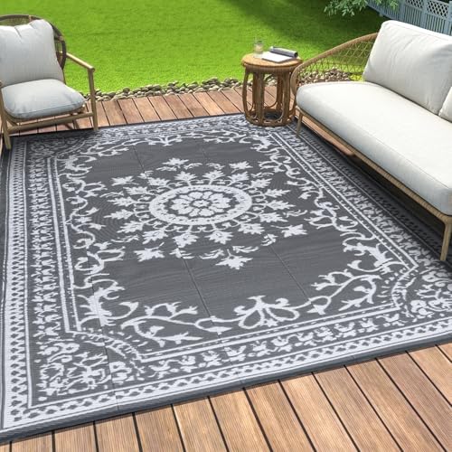OMERAI 120X180CM Outdoor Teppich Wetterfest Balkon Vintage Grau Teppich Wohnzimmer UV Beständig StrapazierfäHige Teppiche Für Terrasse Garten Wendbarer Plastik Recyceltem Camping Teppich