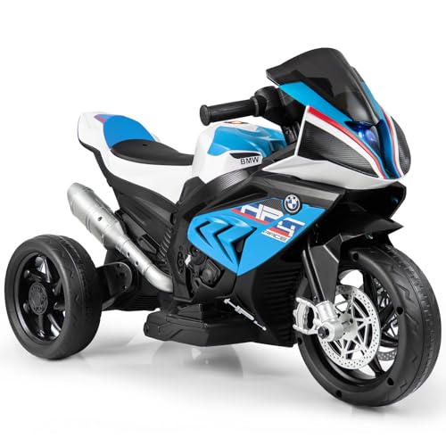 GOPLUS 6V BMW Kinder Elektromotorrad, Kindermotorrad mit Musik & Scheinwerfer für 3-8 Jahren, 3 km/h Kinderfahrzeug mit 3 Rädern & Fußpedal, Kinderdreirad bis 30 kg Belastbar (Blau)