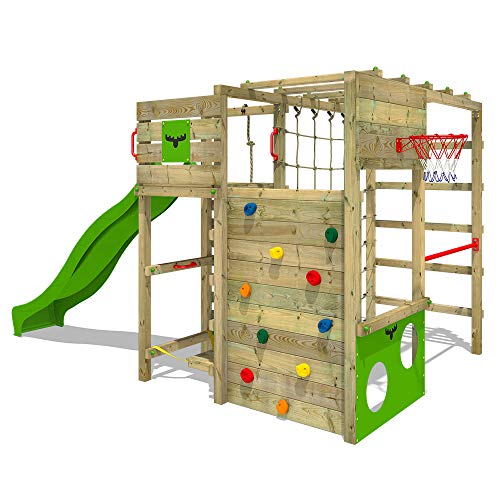 FATMOOSE Klettergerüst Spielturm FitFrame mit apfelgrüner Rutsche, Gartenspielgerät mit Leiter & Spiel-Zubehör