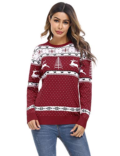 Irevial Christmas Sweater Damen Weihnachtspullover Lustiger Pullover mit Rentier Streifenmuster Rundhals Langarm Strickpulli Warm Hässlicher Weihnachtspulli für Winter und Party Rot S