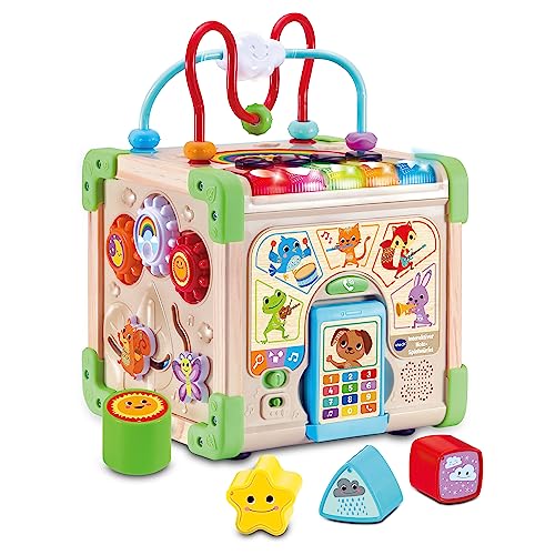 VTech Interaktiver Holz-Spielwürfel – Interaktiver Spielwürfel mit FSC®-zertifiziertem Holz – Mit verschiedenen Elementen, Liedern und Musik – Für Kinder von 12-36 Monaten