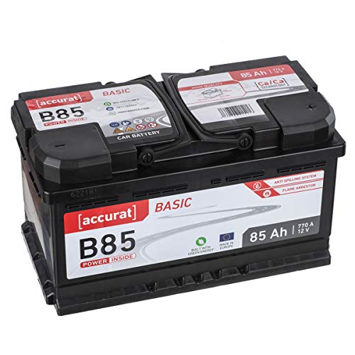 Accurat Basic B85 Autobatterie - 12V, 85Ah, 770A, zyklenfest, wartungsfrei, 30% mehr Startleistung, Ca-Technologie, Pluspol rechts- Starterbatterie, Nassbatterie, Blei-Säure Batterie