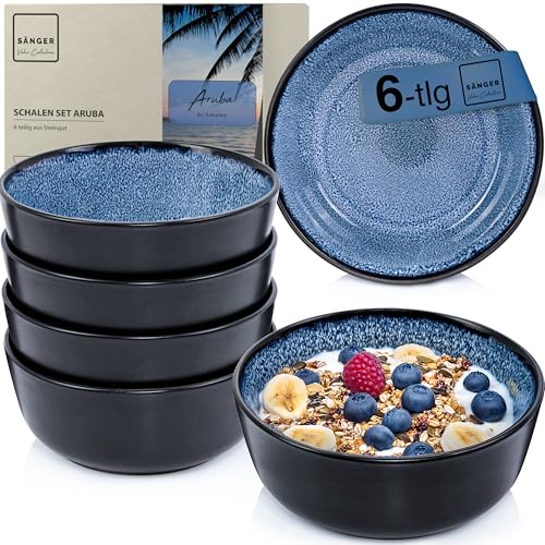 SÄNGER Aruba | Steingut Bowl Schüssel 6 teilig, Schüssel Set 6 Personen, Schale spülmaschinen- mikrowellen- kratzfest, Müslischalen, Schüsseln blau mit schwarzem Rand 550 ml | VALUE COLLECTION