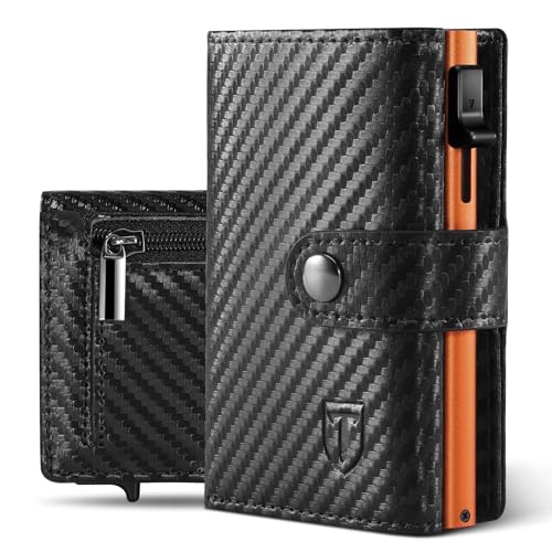 Tomylv Geldbörse Herren Slim Wallet mit RFID-Schutz Stilvoll Kohlefaserleder Portmonee Herren mit Münzfach, Tragbar Mini Kreditkartenetui Kartenetui, Banknotenfächer, Ausweisfenster - Schwarz Orange