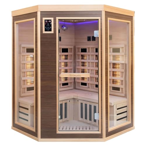 Dewello® Infrarotsauna Infrarotkabine Montreal 140x140 2-4 Person inkl. Vollspektrumstrahler, Bodenstrahler, LED-Farblicht aus Hemlock Tannenholz & Walnuss-Holz, Bluetooth, FM,MP3,USB