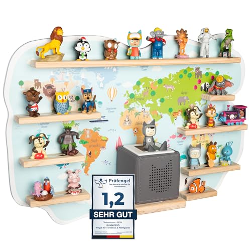 bunnyboo Toniebox Regal - Regal für Toniebox und Figuren - ausreichend Platz für bis zu 45 Tonies und geprüfte Qualität - Tonie Regal Magnetisch - Für Junge und Mädchen (Weltkarte)