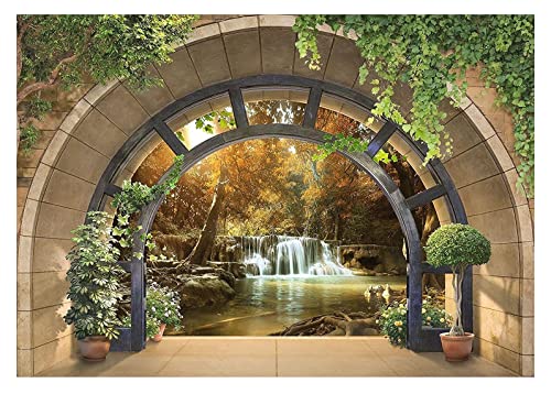 Forwall Fototapete 3D Effekt Fenster Wasserfall Wald Natur Ausblick 368x254 cm - inkl. Kleister - Vliestapete Wohnzimmer Schlafzimmer Vlies Tapete Wandtapete UV-Beständig Montagefertig