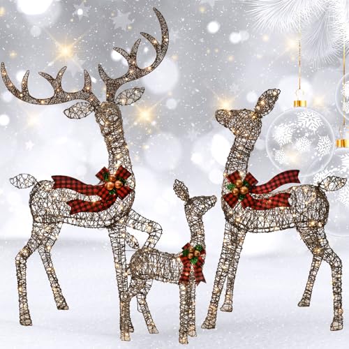 Weihnachtsdekoration für den Außenbereich, Rattan-Rentierfamilie – Leuchtendes Rattan-Hirsch-3er-Set mit 210 LED– Außenhof-Dekorationsset inklusive beleuchtetem 3-teiligem Hirsch – Braun