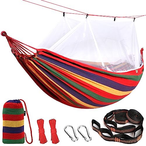 Anyoo Hängematte Outdoor mit Moskitonetz und Baumgurten, Atmungsaktives Langlebiges Netz-Hängematte Baumwolle für Garten, Balkon, Camping, Wandern, Rucksackreisen